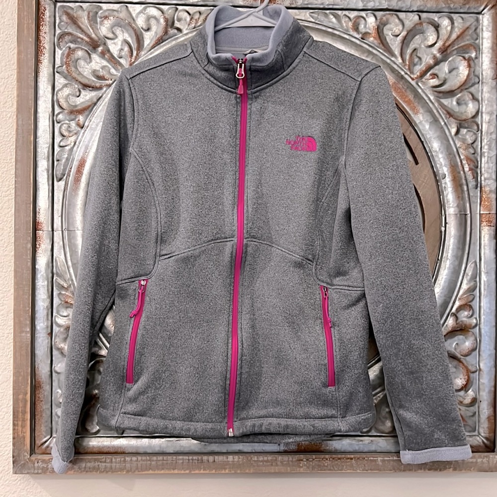(The North Face) Gray Jacket with Pink Detailing.